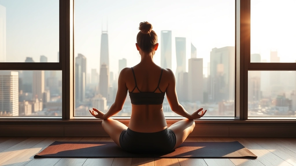 Person meditating on yoga mat by large window overlooking city skyline, morning sunlight, peaceful environment, wellness aesthetic