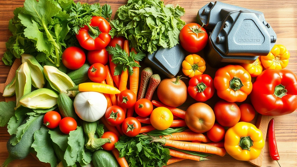 Colorful fresh vegetables and fruits arranged on wooden table, Mediterranean diet spread, vibrant greens, reds, oranges, natural lighting