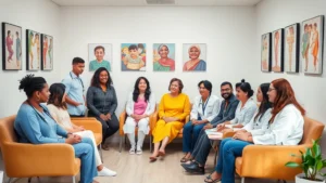 Diverse group of patients and healthcare providers in a modern, welcoming medical clinic waiting room with natural lighting, comfortable seating, and diverse cultural artwork on walls, professional yet warm atmosphere