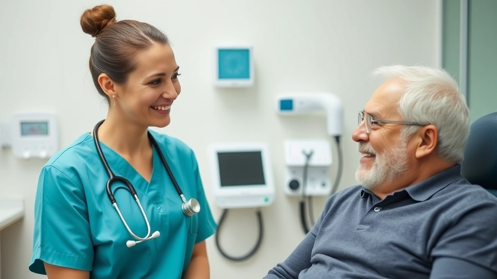 Female healthcare provider with stethoscope consulting with middle-aged male patient in examination room, both smiling, modern medical equipment visible, diverse representation, calm clinical environment