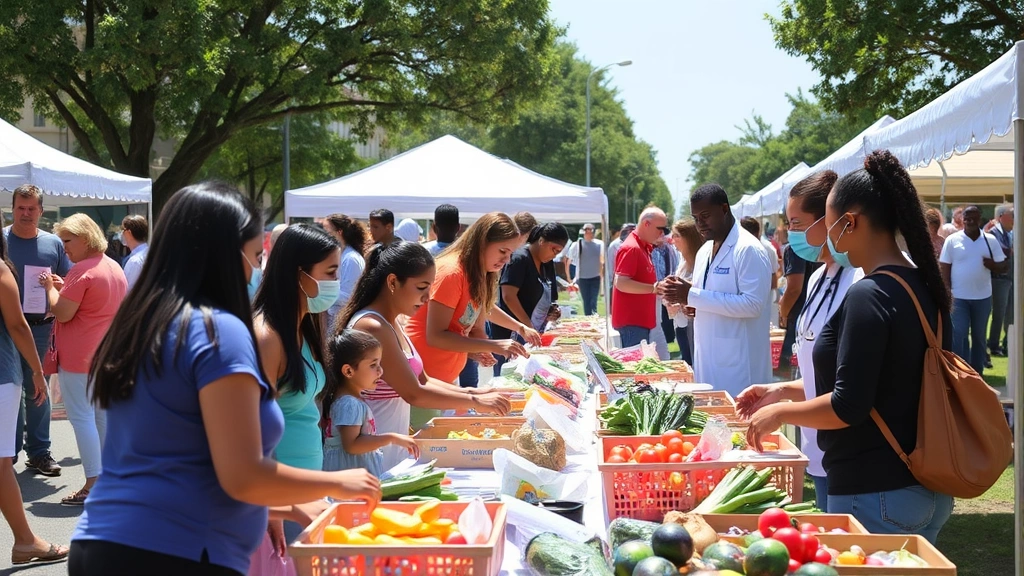 Community health fair or wellness event outdoors with families participating in health screenings, educational booths, fresh produce, medical professionals interacting with diverse community members, sunny day, inclusive gathering