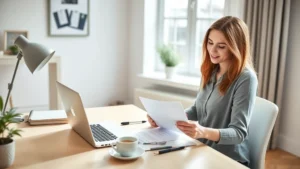 Professional woman reviewing health insurance documents at home office desk with laptop and coffee, natural window lighting, modern minimalist workspace, warm inviting atmosphere