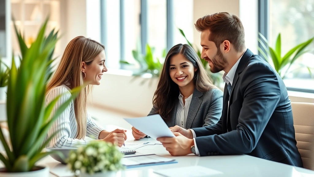 Young couple signing paperwork with insurance agent in bright office, smiling and discussing health coverage options, contemporary business setting with plants and natural light