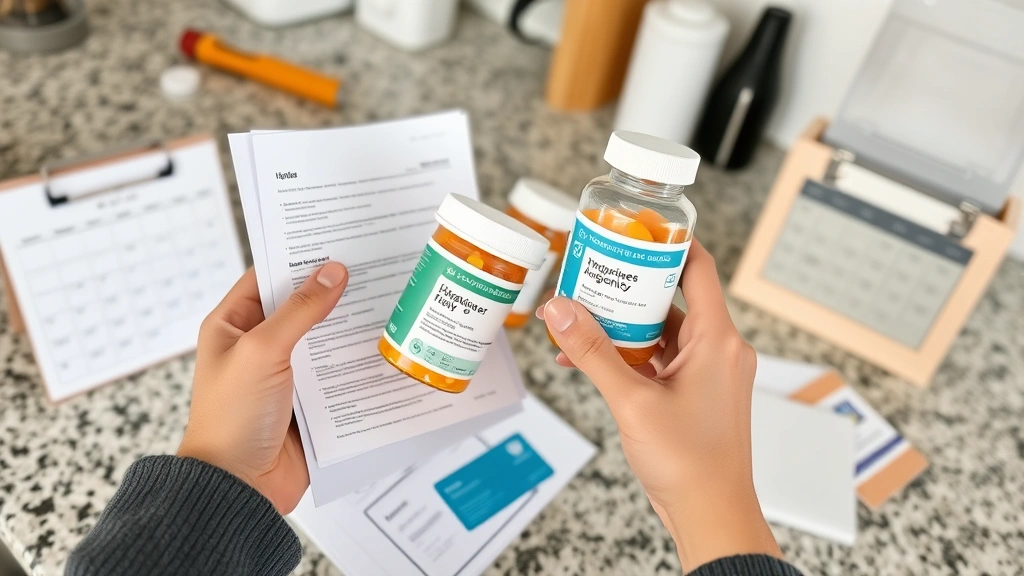 Person holding prescription bottles and medical forms, organizing healthcare information on kitchen counter with calendar and insurance card visible, everyday wellness lifestyle scene