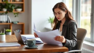 Professional woman reviewing health insurance documents at modern home desk with coffee, organized files and laptop, natural daylight through window, calm focused expression