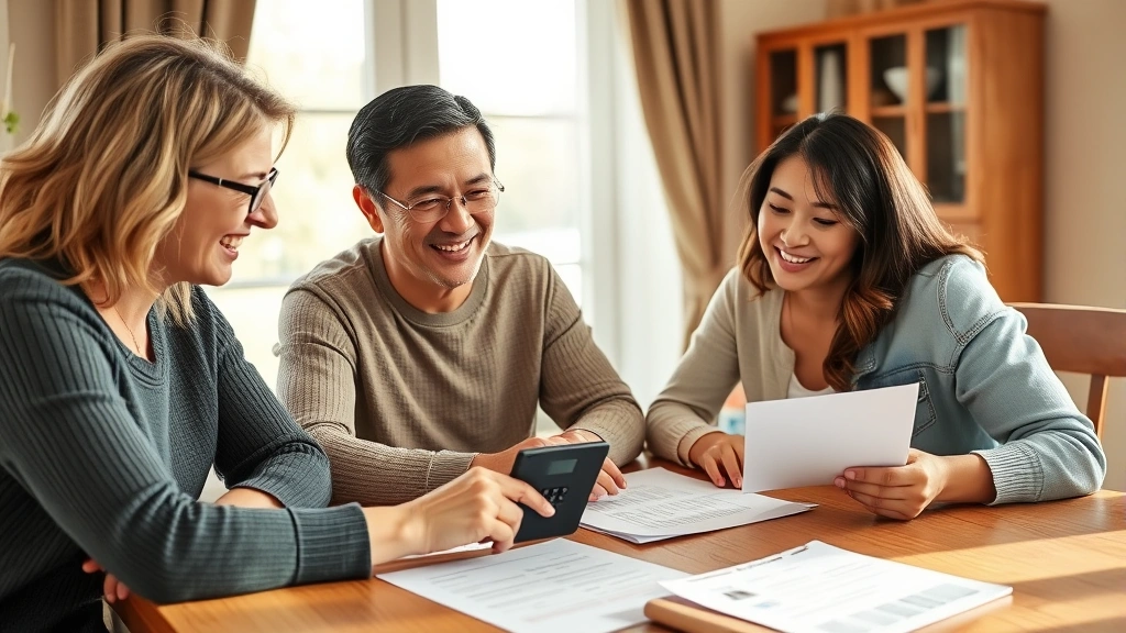 Family of four reviewing health insurance paperwork together at dining table, smiling, documents and calculator visible, warm home setting, afternoon light