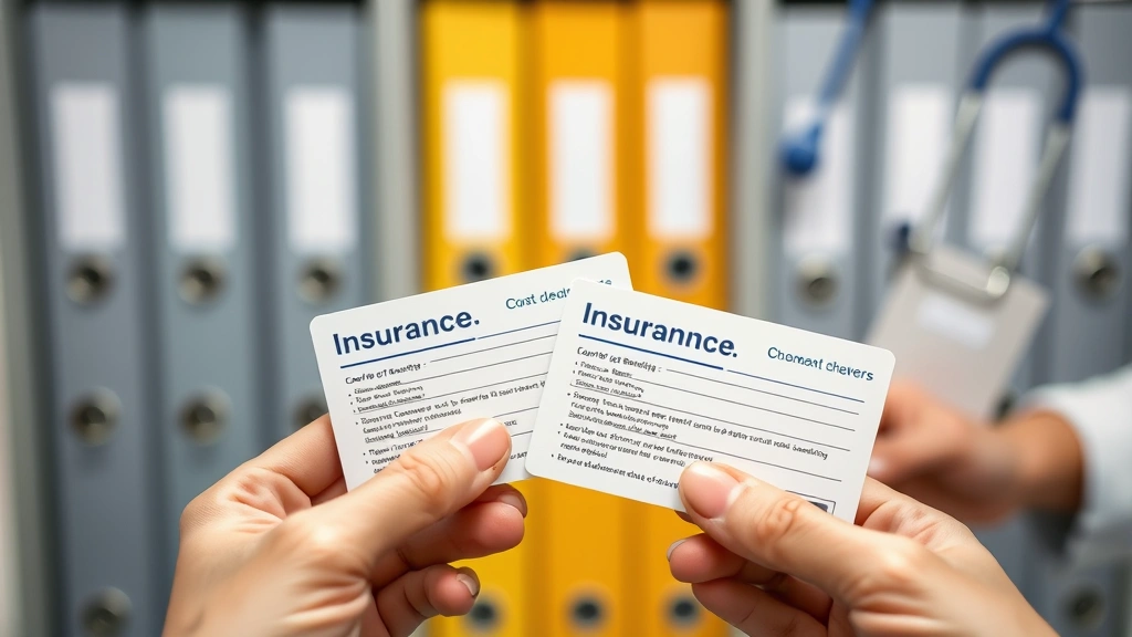 Close-up of hands holding two insurance cards with coordination of benefits document, organized filing system in background, professional healthcare environment