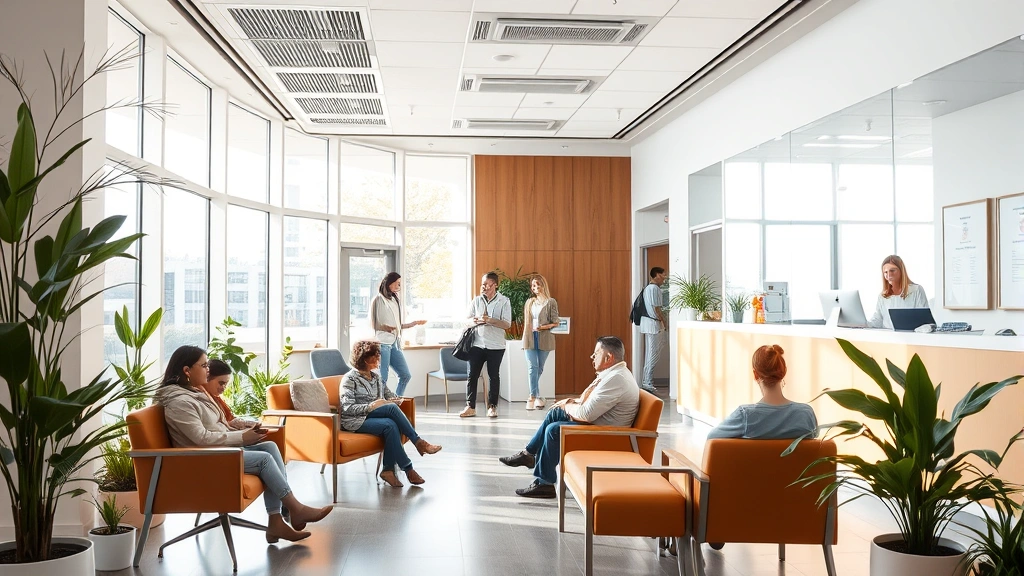 Modern healthcare clinic waiting room with welcoming natural lighting, comfortable seating, diverse patients checking in, warm contemporary interior design with plants and soft colors