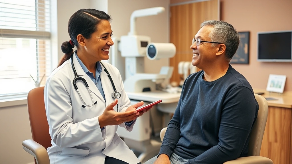 Healthcare professional conducting preventive screening with patient in medical office, warm professional atmosphere, modern diagnostic equipment, both smiling and engaged in consultation