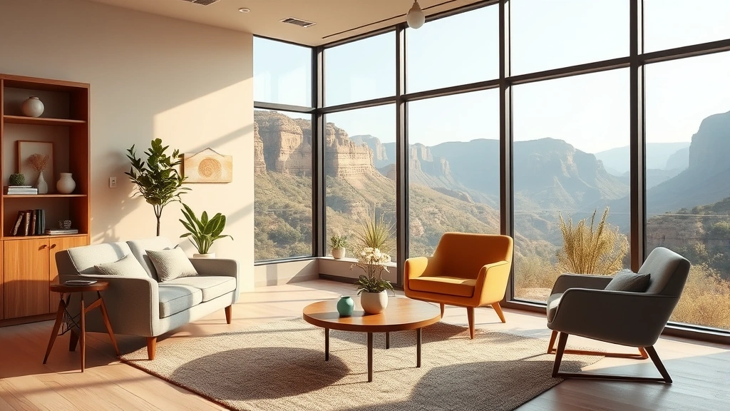 Serene modern therapy office with comfortable seating, warm lighting, large windows overlooking peaceful canyon landscape, minimalist design emphasizing calm and safety