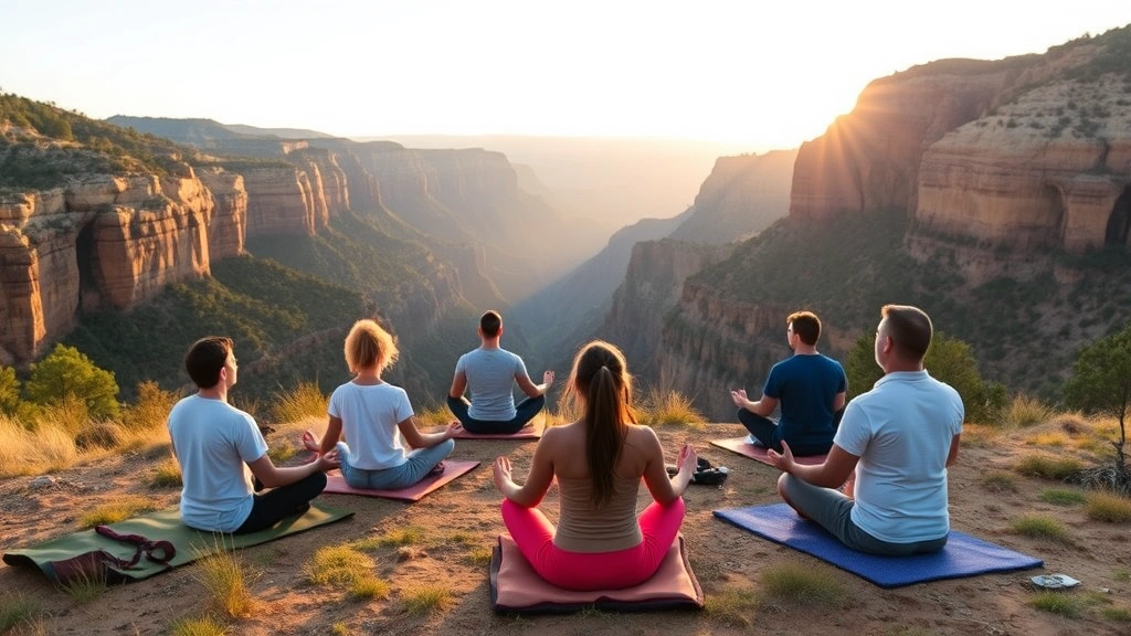 Diverse group of people in outdoor mindfulness session on hiking trail, surrounded by natural canyon scenery, sitting peacefully in meditation poses during golden hour