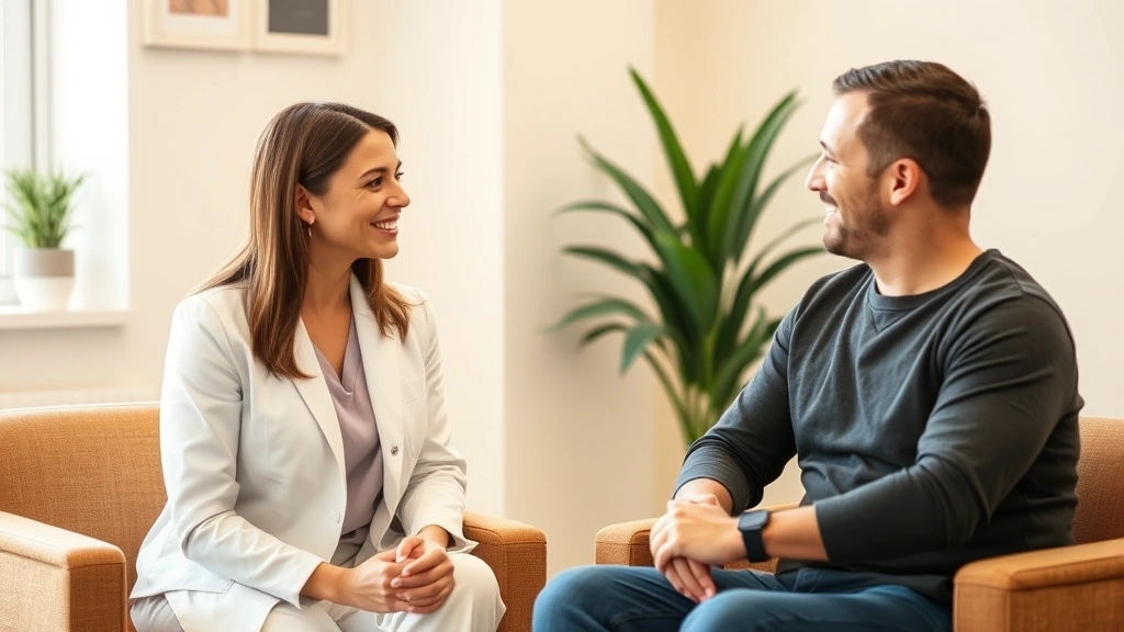 Professional female therapist and male patient in supportive counseling session, seated facing each other in comfortable clinical setting, warm earth tones and natural light
