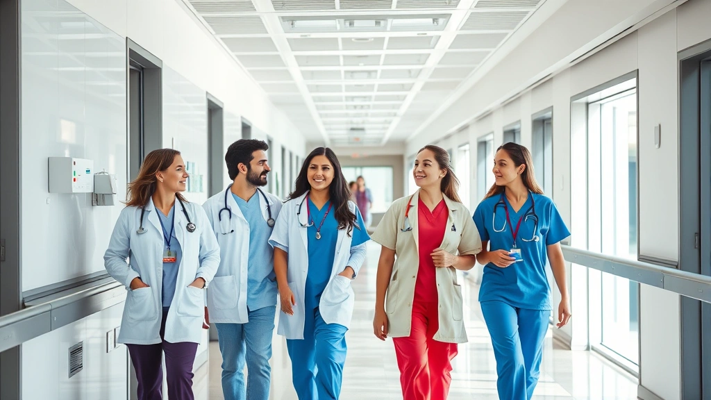 Professional healthcare team collaborating in modern hospital corridor, diverse medical professionals wearing scrubs walking together, bright natural lighting, modern hospital architecture, warm welcoming atmosphere