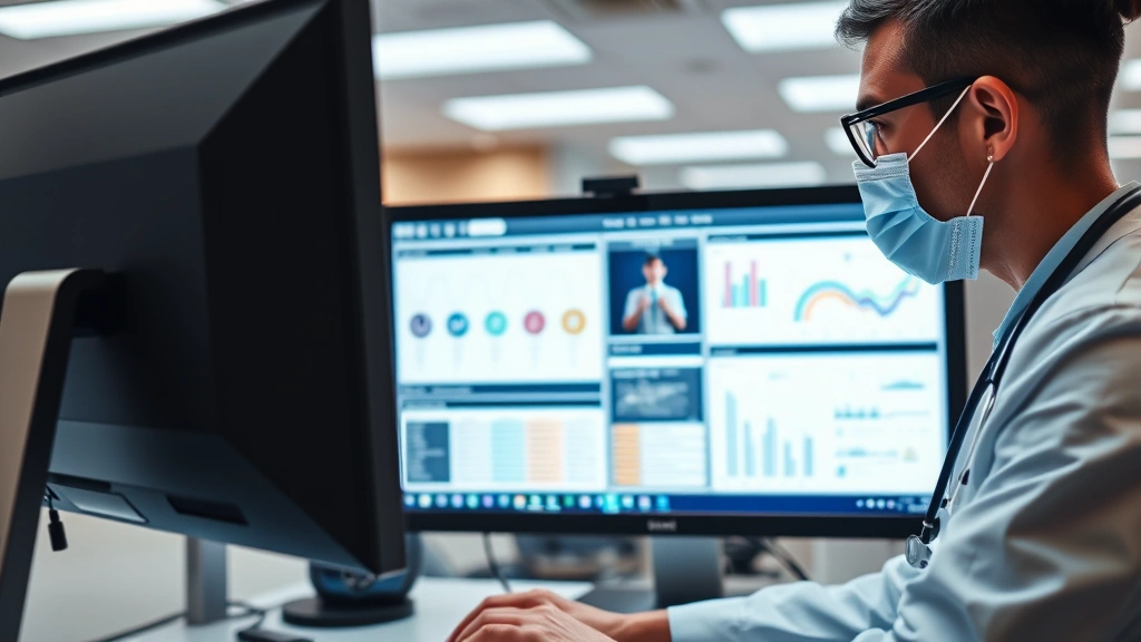 Close-up of healthcare professional reviewing patient charts at computer workstation, focused concentration, modern medical technology, contemporary hospital office environment, professional lighting