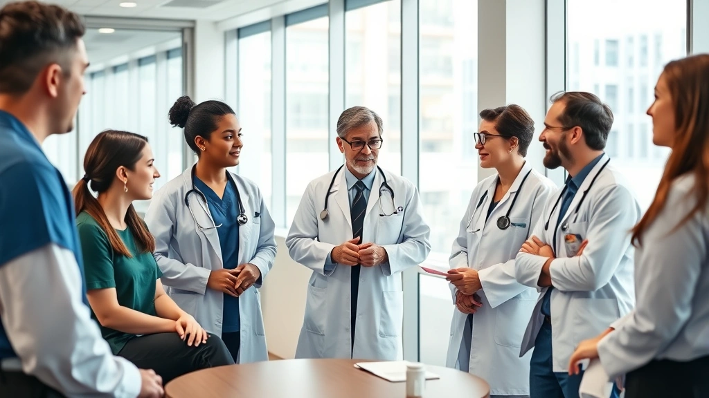 Group of medical professionals in team meeting discussing patient care, collaborative healthcare environment, diverse team members engaged in conversation, modern conference room, professional healthcare setting