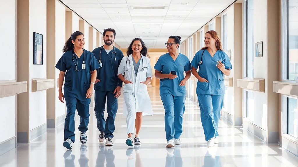 Modern hospital corridor with natural light, diverse healthcare professionals walking together in scrubs, contemporary medical facility interior design, warm professional atmosphere, patient care in action