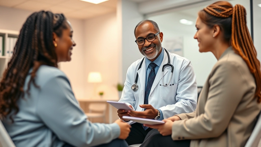Healthcare professional consulting with patient in modern clinic office, warm lighting, compassionate interaction, medical charts visible, patient-centered care moment, diverse representation