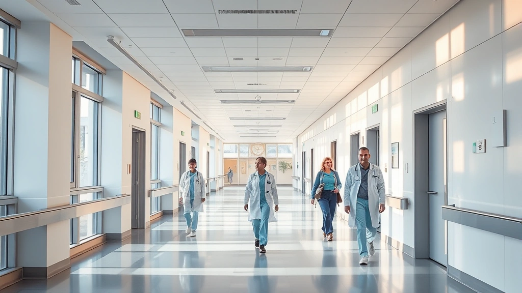 Modern hospital corridor with natural lighting, clean contemporary architecture, medical professionals walking past, warm welcoming atmosphere, professional healthcare environment