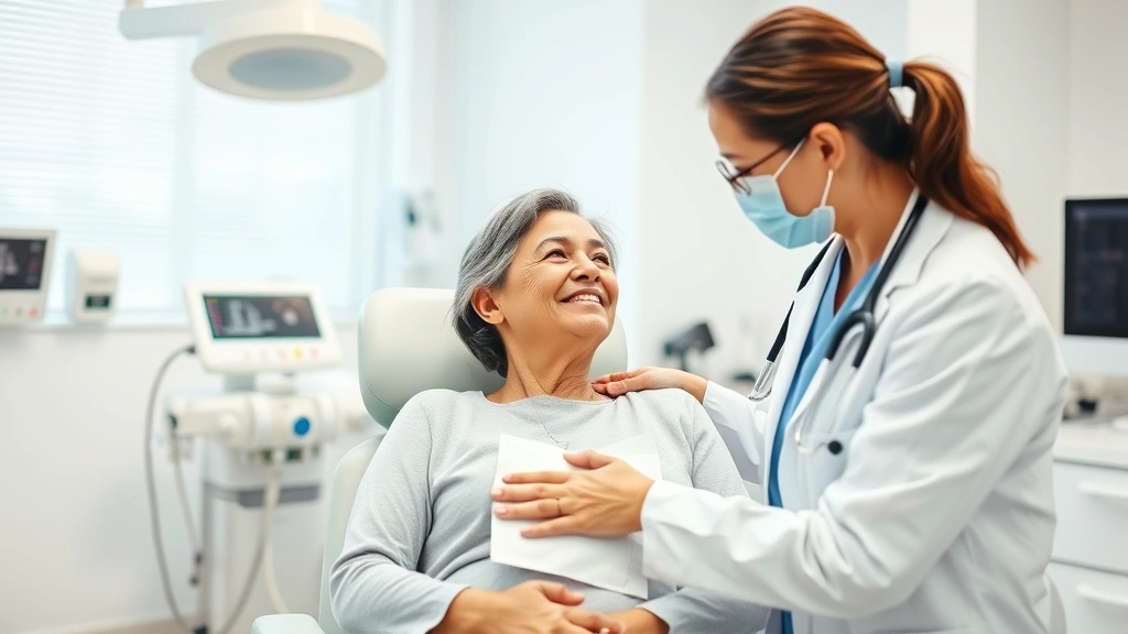 Patient receiving compassionate care from healthcare provider in bright clinical setting, warm interaction, modern medical equipment visible, comfortable medical facility interior