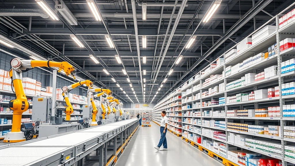 Modern pharmaceutical warehouse interior with automated conveyor systems, robotic arms, and organized shelving rows under bright LED lighting, healthcare workers in uniforms monitoring operations