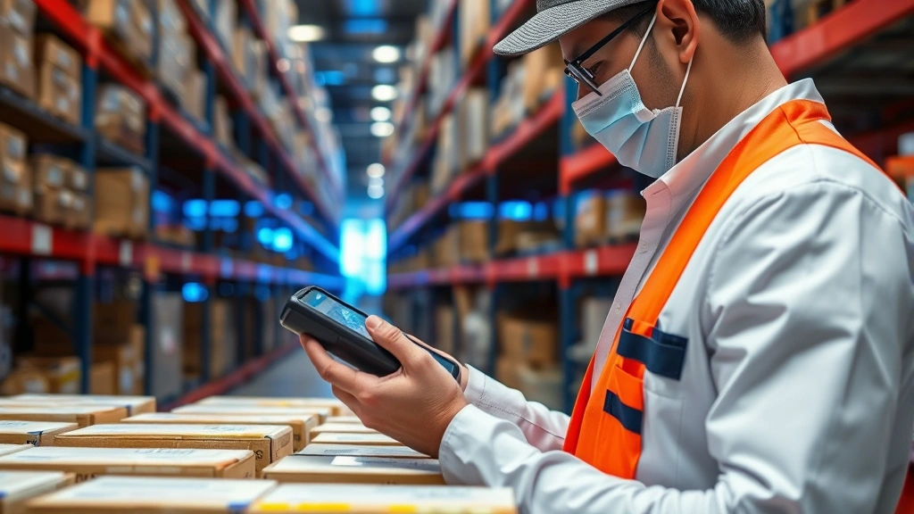 Close-up of warehouse worker scanning medication boxes with handheld device, temperature-controlled storage zones visible in background with blue and white lighting indicating different climate zones