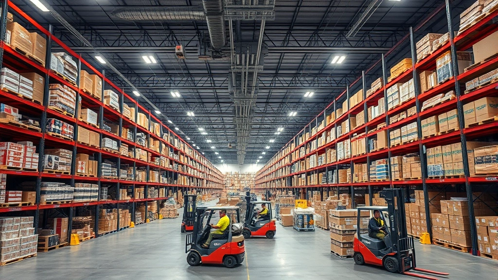 Wide shot of massive warehouse floor showing hundreds of organized product shelves, forklifts in motion, workers in safety gear coordinating shipments, industrial ceiling with complex HVAC systems