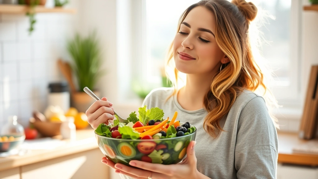Woman peacefully enjoying a colorful salad bowl in bright natural sunlight, fresh vegetables and whole foods, warm kitchen setting, healthy lifestyle moment