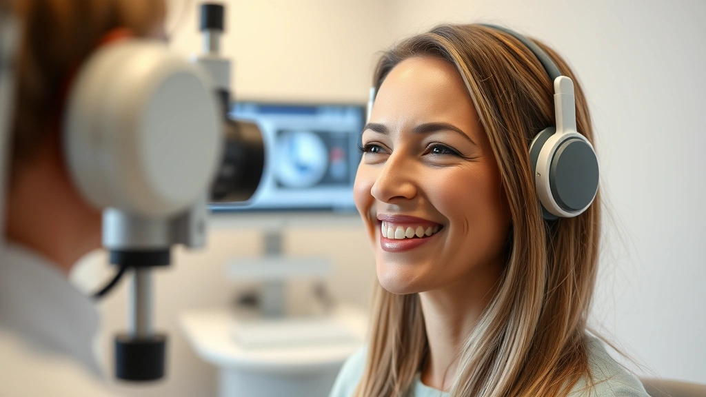 Close-up of woman in modern audiology clinic smiling during hearing test with digital equipment, professional medical setting, natural lighting, warm welcoming environment