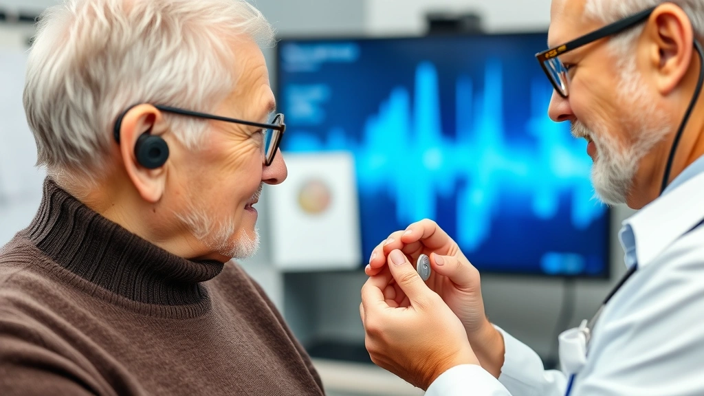 Audiologist fitting custom hearing aid in elderly patient's ear with precision instruments, professional healthcare setting, caring interaction, modern clinic technology in background