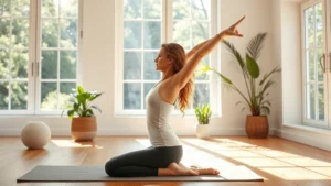 Woman in bright wellness studio peacefully stretching morning sunlight streaming through large windows natural wood flooring plants in background