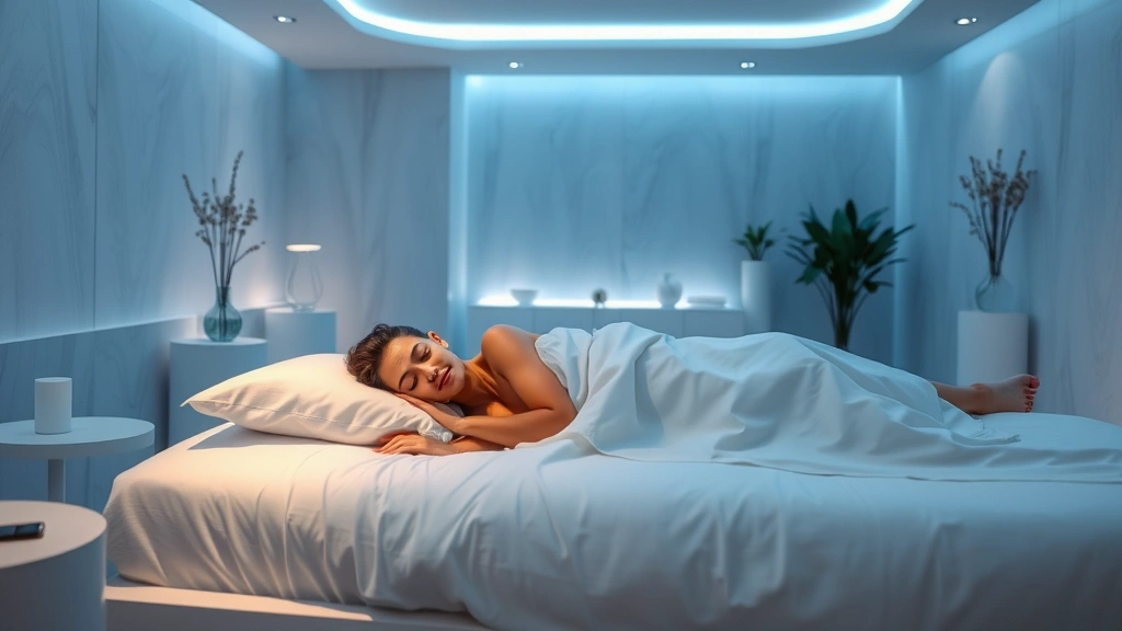 Modern wellness center interior showing person sleeping peacefully on premium bedding soft ambient lighting cool blue tones serene environment
