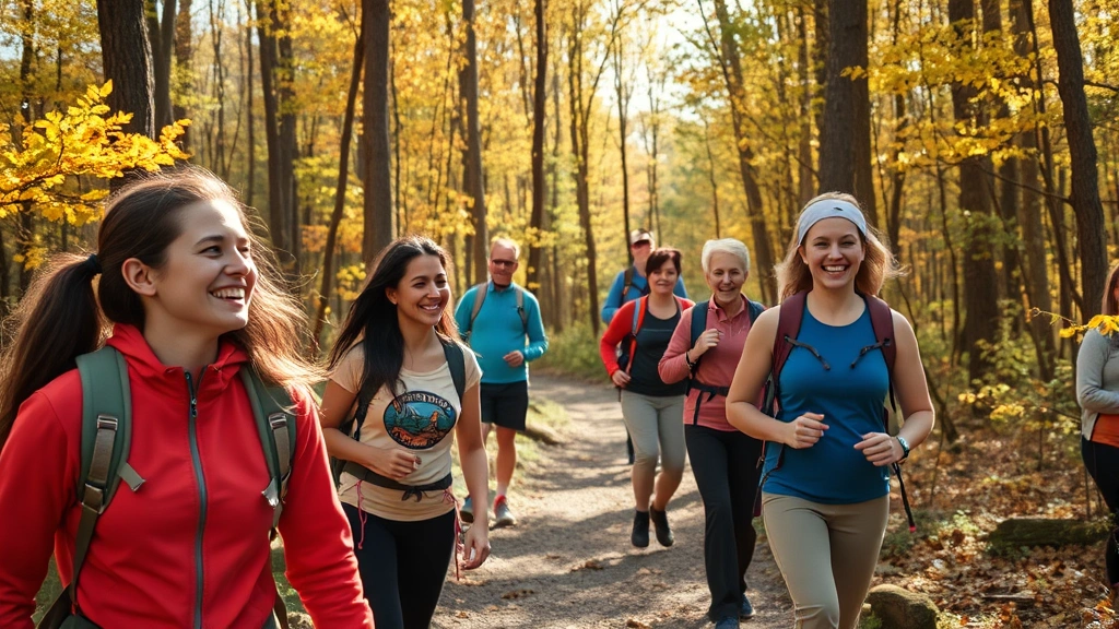 Active lifestyle scene diverse group hiking forest trail autumn foliage sunlight dappled paths smiling genuine connection nature outdoor wellness