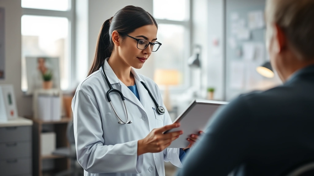 Professional female doctor in white coat reviewing patient health chart on digital tablet in modern medical office, natural lighting, warm professional atmosphere