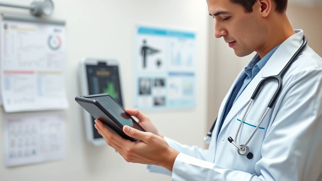 Modern healthcare professional reviewing patient data on tablet in clinical setting, stethoscope visible, organized medical environment with health charts