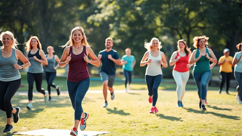 Diverse group of people exercising outdoors in morning sunlight, smiling and engaged in fitness activities, park setting, vibrant energy and wellness focus