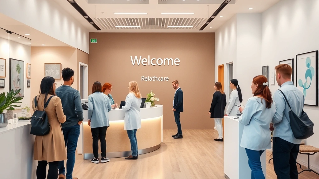 Modern welcoming healthcare clinic reception area with diverse patients checking in at desk, warm lighting, contemporary interior design, people feeling comfortable and calm