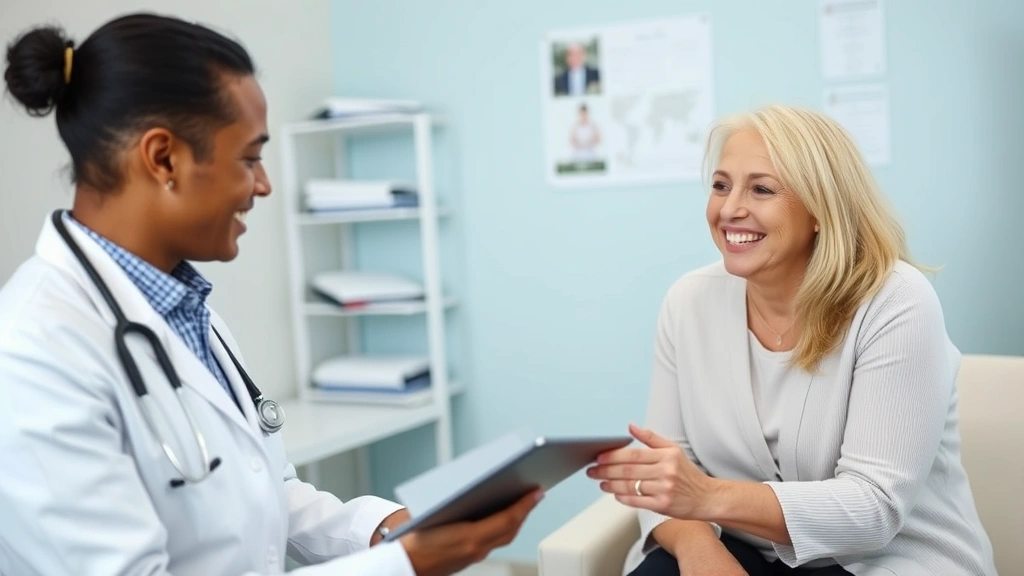 Healthcare provider in white coat having friendly consultation with patient in examination room, both smiling, showing medical chart on tablet, professional yet compassionate atmosphere