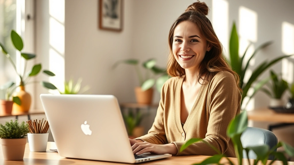 Woman smiling at laptop, bright home office with plants, warm natural lighting, modern wellness aesthetic, relaxed posture