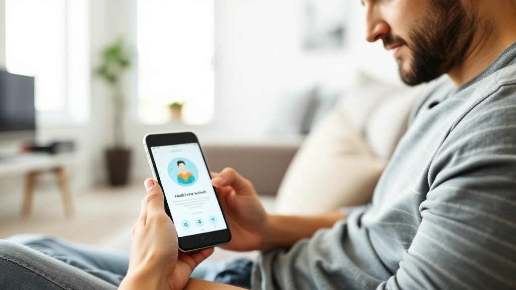 Person using smartphone with health app open, sitting on comfortable couch, focused expression, contemporary living room, soft daylight