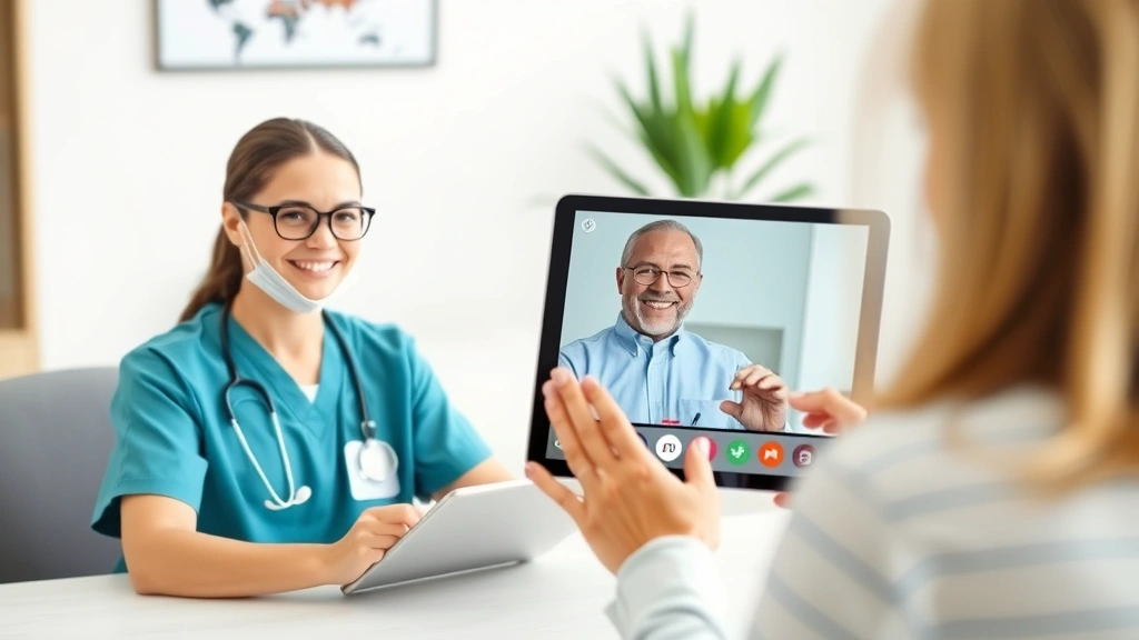 Healthcare provider and patient video call on tablet, professional but warm setting, both smiling, modern telehealth setup, clean background