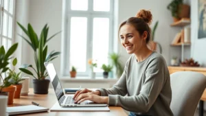 Young woman smiling during video therapy session on laptop, bright natural light from window, comfortable home office setting with plants and warm decor