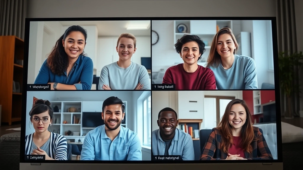 Diverse group of young adults in virtual group therapy session on computer screens, supportive and engaged expressions, modern living room backgrounds visible through video feeds
