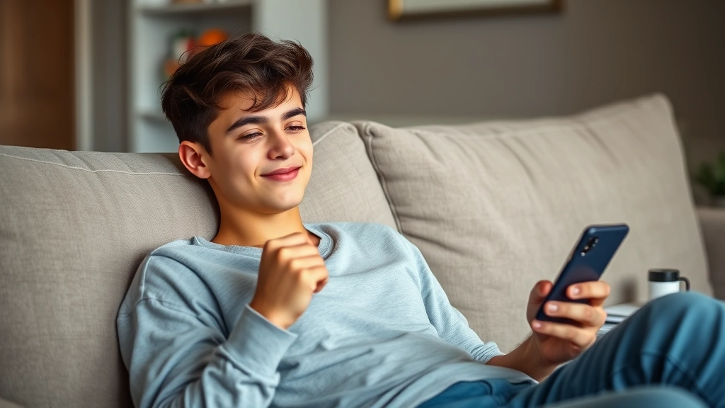 Teenage boy relaxing on couch holding smartphone, peaceful expression, modern bedroom with soft lighting, progress journal and wellness items visible nearby