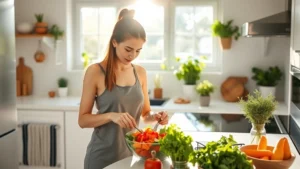 Woman in bright kitchen preparing colorful salad with fresh vegetables, natural morning light streaming through windows, peaceful and organized space, healthy eating lifestyle