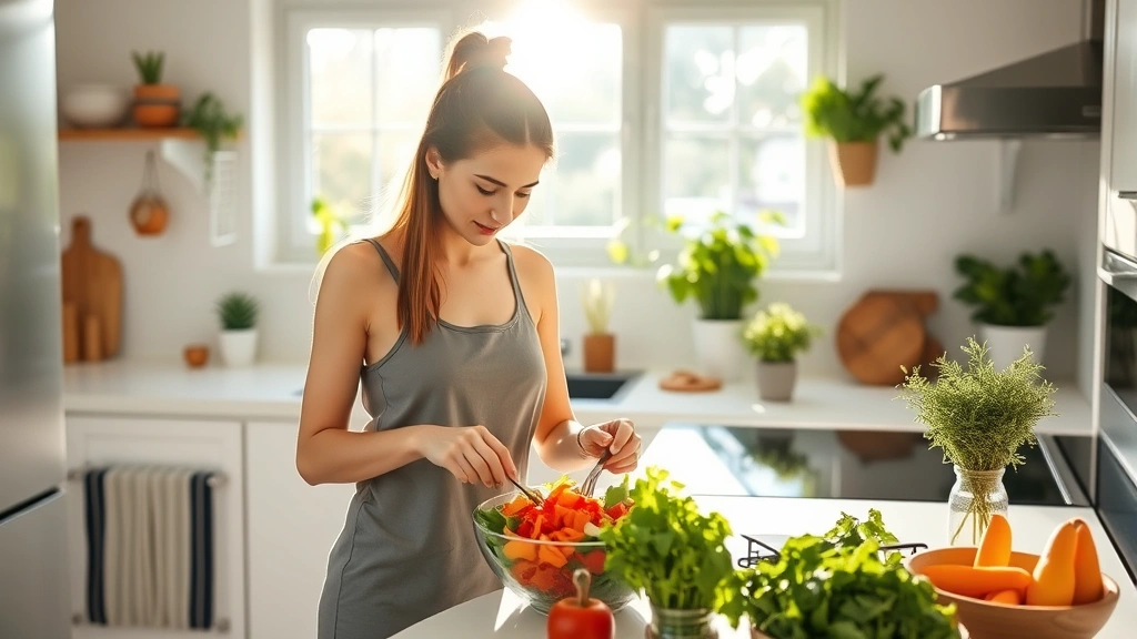 Woman in bright kitchen preparing colorful salad with fresh vegetables, natural morning light streaming through windows, peaceful and organized space, healthy eating lifestyle