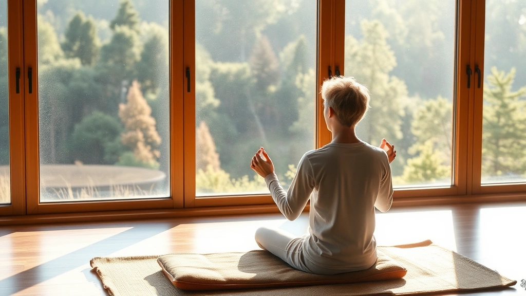 Individual meditating peacefully by large window with natural landscape view, comfortable cushion, relaxed posture, morning light, mental wellness and mindfulness practice