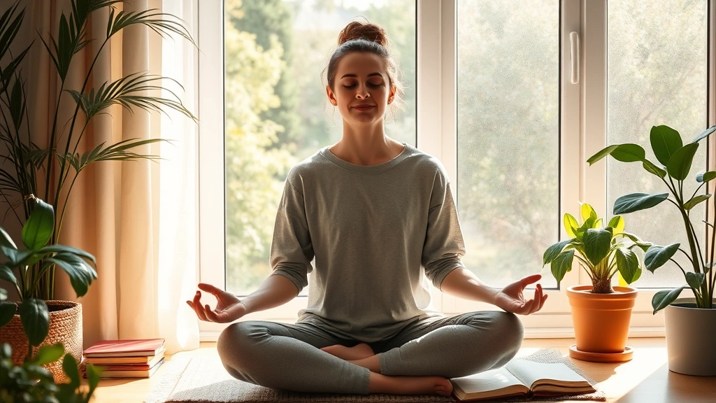 Person meditating peacefully in natural sunlight by a window, wearing comfortable clothing, surrounded by plants and journals, serene indoor environment, morning light