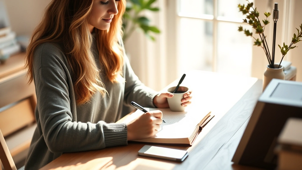 Woman writing in journal at wooden desk with coffee cup, natural morning light, peaceful expression, home office setting, mindful reflection moment