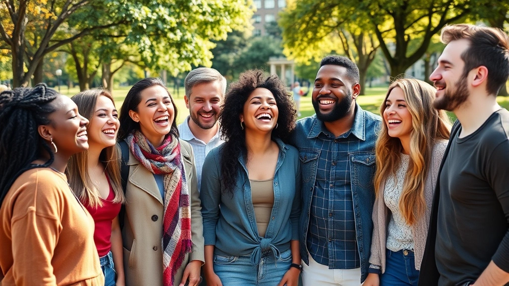 Group of diverse people laughing together outdoors in park, natural sunlight, warm genuine expressions, casual comfortable clothing, social connection and joy