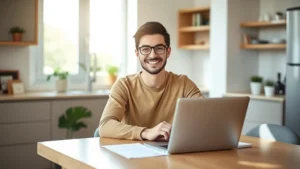 Young professional foreigner sitting at modern kitchen table with laptop and health insurance documents, smiling confidently, natural daylight streaming through windows, contemporary apartment setting